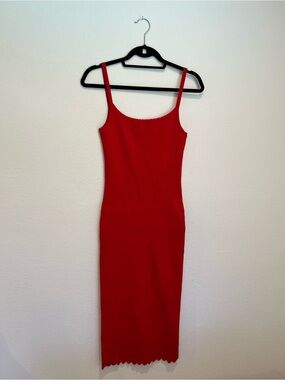 Red Ribbed Midi Slip Dress with Slim Straps and Scalloped Edges